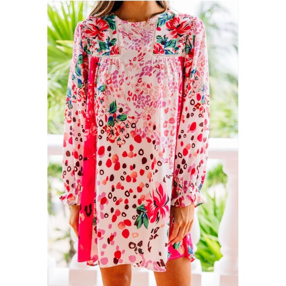 Umgee Babydoll Mixed Print Dress Sz M Pink Boho Feminine Artsy Vintage Inspired - Picture 1 of 15